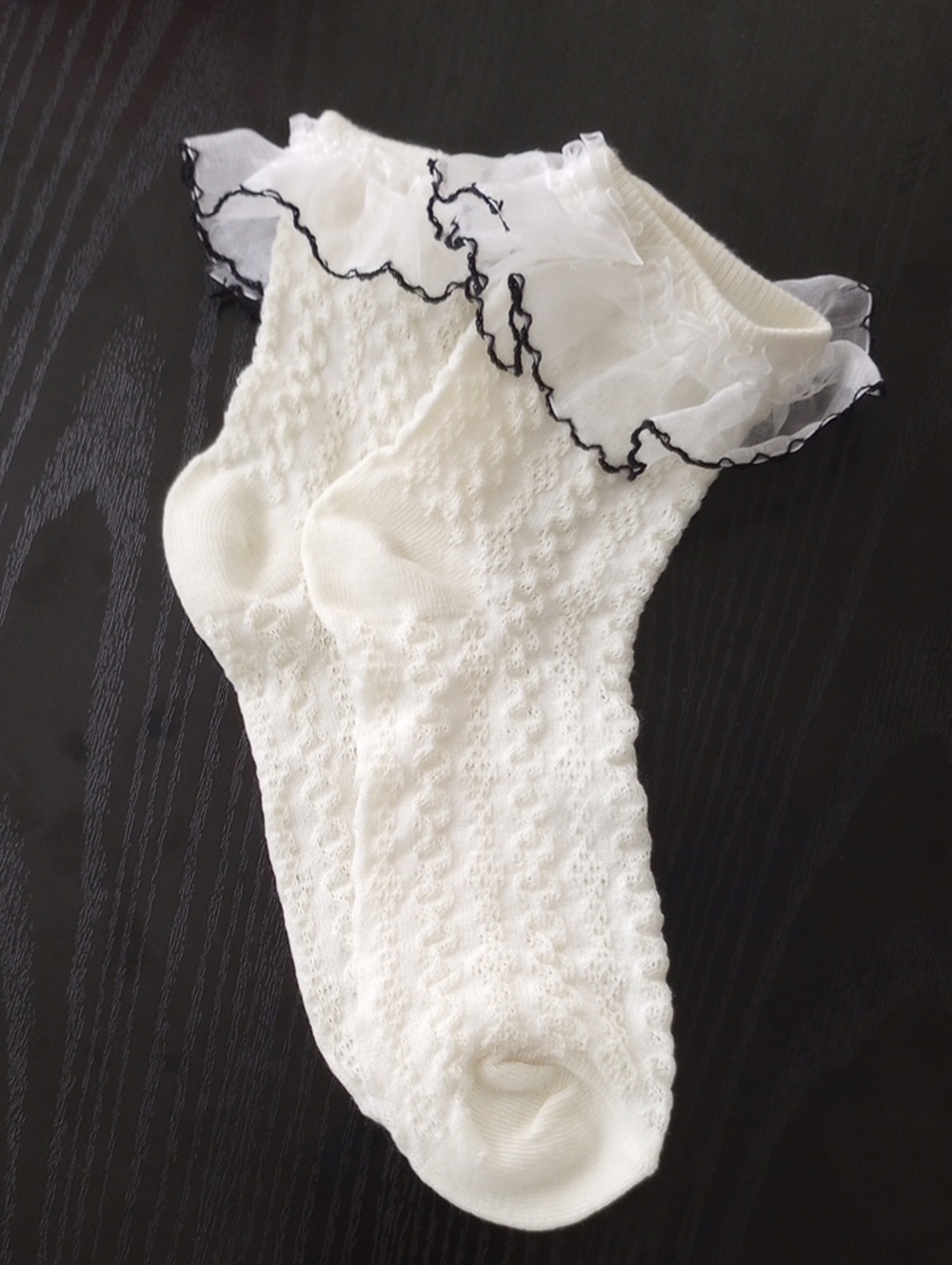 Frilly Cream Stretchy Ankle Socks with Black White Trim